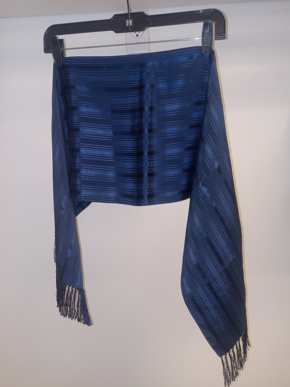 Elegant Deep Blue Satin Scarf with Subtle Stripe Texture